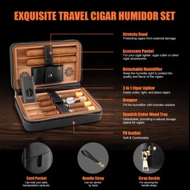 SCARRA Travel Cigar Humidor Box with Cigar Lighter, Leather Cedar Wood Cigar Case, V Cut Cigar Cutter, Cigar Holder, Portable Hand-Held Cigar Humidor with Humidifier, Holds 6 Cigars Gift Set (Black)