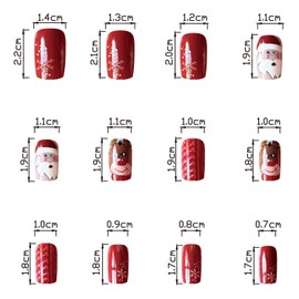 Christmas Press on Nails Medium Square French Tip Acrylic Nails Cute Santa Claus Elk False Nails with Design Snowflake Christmas Nails Full Cover Coffin Fake Nails Xmas Nail Art Decorations for Women