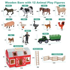 Wooderma Wooden Barn with 12 Animal Play Figures, Farm Animal Toys, Barn Toys for Kids 3+ Years Old, Farm Pretend Playset for Christmas Birthday Gift for Boys Girls
