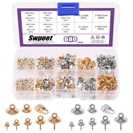 Swpeet 680pcs Gold and Silver 3mm 4mm 5mm 6mm 8mm Cup Bead Screw Eye Pin Bail Peg Pendant with 7mm Pendant Charm Clasps Connecting Set, Perfect for Half Drilled