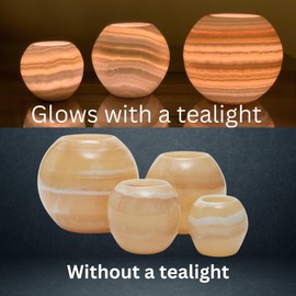 CraftsOfEgypt Single Alabaster Candle Holder - Egyptian Tealight and Votive Candles Holders with Amber Glow for Home Décor Natural Stone Soothing Tranquil Aurora