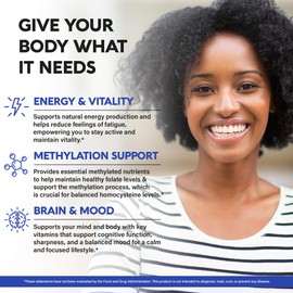 Vitamin B Complex Methylated - B-Complex with Methylfolate & B12 - Bioavailable for Men & Women - 9-in-1 Methylated Multivitamin - Energy, Brain & Mood - Vegan - Made in USA - 120 Capsules, One/Day