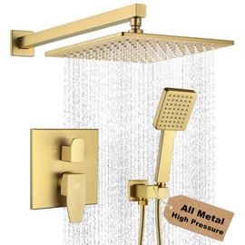 POP SANITARYWARE Shower Faucet Set Brushed Gold Rainfall 10 Inch Shower Head and Handle Set Bathroom Rain Shower System Wall Mounted Shower Fixture Shower Valve and Trim Kit