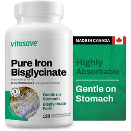 Vitasave Iron Bisglycinate – High Absorption Iron Supplement for Energy, Anemia & Immune Support – Gentle on Stomach – Vegan, Non-GMO, Gluten-Free – 120 Capsules (Made in Canada)
