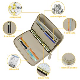 A6 Budget Binder with Cash Envelopes, Soft PU Leather Notebook Binder with Zipper 6 Rings Refillable Money Wallet Organizer, 10 Tabbed Cash Envelopes, 3 Sticker Labels