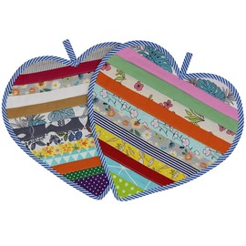Jukway Cotton Pot Holders for Kitchen, Fabric Patchwork Table Mats Set of 2, 100% Cotton Heat Resistant Mat Pads with Pocket and Hanging Loop,Heart-shaped Potholder Teapot Mat Washable (11 x 11 Inch)