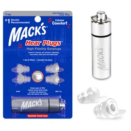 Tapones para los oídos de alta fidelidad de Mack para conciertos, músicos, motocicletas, sensibilidad al ruido - 1 par (2 tamaños de punta de confort) - Tapones para oídos transparentes con estuche