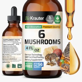 BIO KRAUTER 6 Mushrooms Supplement 6-in-1 - Lions Mane, Shiitake,Turkey Tail, Cordyceps, Reishi & Chaga Liquid Extract - Mushroom Complex Tincture - Vegan Drops 4 Fl.Oz.