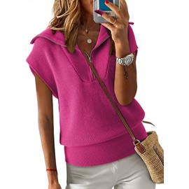 Dokotoo Sweaters for Women 2025 Summer Tops Basic Loose Short Sleeve Quarter Zip Ribbed Knit Top Casual Tops for Women Cozy Sweater Rose Red Medium