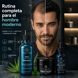 Kit Cuidado Personal Hombre 3 en 1 POCKET CARE – Shampoo Anticaída y Crecimiento Capilar con Romero, Sábila y Menta + Crema Facial Antiarrugas con Colágeno + Sérum Ácido Hialurónico 10% – Hidratación Facial y Cabello Fuerte