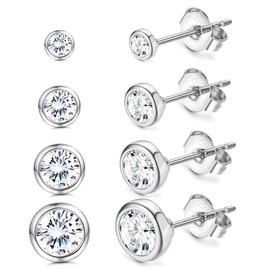 JeweBella 4 Pairs of Stud Earrings 925 Silver Small Round Cubic Zirconia Stud Earrings Set for Women Men Girls Cartilage Tragus Earrings Set Gold/Silver/Rose Gold 2/3/4/5 mm, Sterling Silver