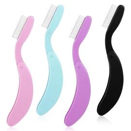 4Pcs Foldable Eyelash Comb, Stainless Steel Metal Teeth Lash Separator And Eyebrow Brush, Professional Makeup Tool For Clump Free Mascara And Brow Shaping Pink Black Purple Green
