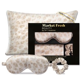 Market Fresh Beauty Mulberry Silk Pillowcase Gift Set, Eye Mask, Pillowcase, and Scrunchie for Gentle Sleep Reducing Breakage, Tangles, Creases, and Wrinkles - Queen Size - Leopard