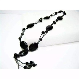 Handmade Black Agate beaded Corded Casual style Hippie BOHO Tassel Drop Necklace- 24 inch