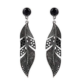 Extra Long Art Deco Nouveau Vintage Retro Style Jet Onyx Black Geometric Laser Cut Feather Rhinestone Statement Earrings