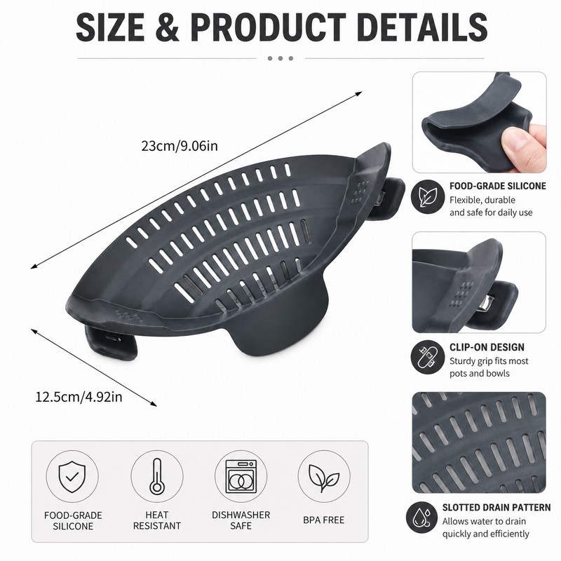 Clip-On Silicone Strainer for Pots & Pans – Compact Colander