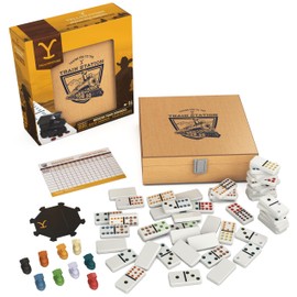 Spin Master Games, Yellowstone Mexican Train Dominoes Set, Classic Family Tile Board Game in Wood Case, Modern Dominoes Set for Adults with Trains, 2-8 Players, for Ages 8 & Up