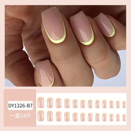 Yellow French Tip Press on Nails Short Square Fake Nails Nude False Nails Glossy Reusable Artificial Acrylic Nails For Women Girls Daily Wear Finger Manicure 24pcs