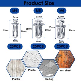 Pack of 60 Cavity Dowels, Rigips, Cavity Plaster Dowels, Galvanised Plasterboard Dowels, Expansion Dowels, Thin Fixings, Rigypsum Dowels for Heavy Loads (20 M4.20 M5.20 M6)