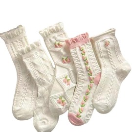 Flixxo 5 Pair Cute Socks for Women Cottagecore Lace Ruffle Ankle Socks Cable Knit Cotton Socks Coquette Aesthetic Socks (White,Onesize)