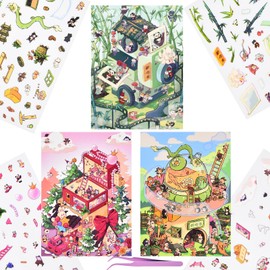 3 Sets DIY 3D Fun Large Size House Sticker Scenes with Tweezers Make Your Own Health Hall Bamboo Grove Jewelry Box Scene Stickers Cute Micro Animal Room Stickers for Relief Stress Pass The Time