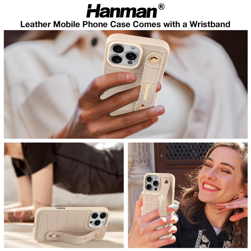 Hanman for iPhone16 Pro Max Leather Case with Adjustable Wristband