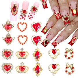 16Pcs Valentine's Day Nail Charms 3D Heart Nail Art Charms Luxury Rhombus Gold Nail Gems Crystal Crown Nail Charms Valentines Nail Rhinestones Red Bow Love Heart Nail Jewelry for Women DIY Manicure