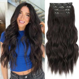 ALXNAN Clip in Hair Extension,Synthetic Long Wavy Hair Extensions 20 Inch Black 4PCS Thick Hairpieces for Women - Color: Dark Brown, Size: 20 Inch