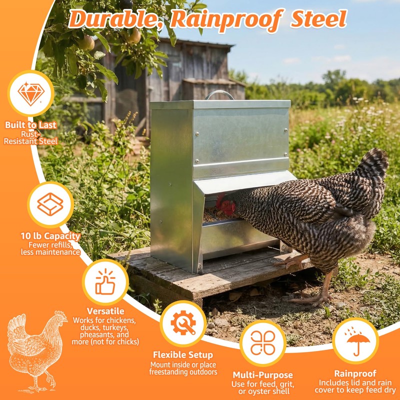Metal Trough Feeder with Lid - 10lb Capacity,Compatible with Chicken
