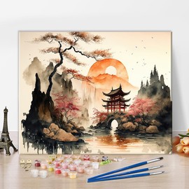 TISHIRON Paint by Numbers Kit for Adults Japanese Landscape Adult Paint by Number with Brushes Japan Garden Painting Oil Paint by Numbers DIY Painting Art Crafts for Home 16x20 in