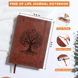 Leather Journal Notebook A5 Notepad Paper, 280 Pages Mens Journal College Ruled for Writing Work, 100GSM Hard Cover Notebooks Journaling for Women, 5.9" x 8.5" Lined with Index Stickers (Brown Tree)