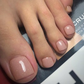 SXVME Glitter Light Pink Press on Toes Nails Short Square, Sparkle Shiny Fake Toe Nails Glue on, Bling Toe Press on Nails for Women, Summer Glossy Gel ToeNails Acrylic for Decoration 24 Pcs