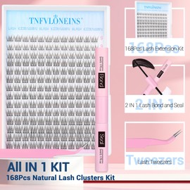 Natural Lash Extension Kit 168Pcs Lash Clusters Kit Wispy Eyelash Extensions 9-12MM Individual Lashes Extensions with Bond and Seal Lash Glue and Eyelash Extension Tweezers DIY at Home by TNFVLONEINS