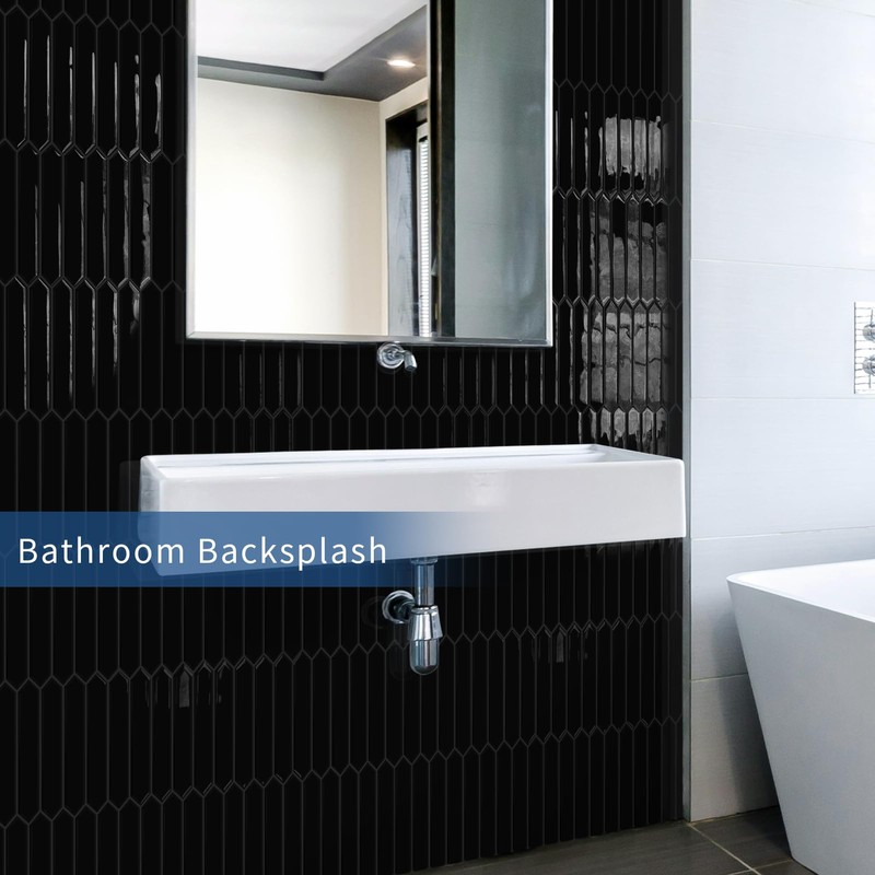Black Long Hexagon Tile Peel and Stick Backsplash, 10 Sheets
