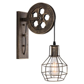 BAODEN 1 Light Fixture Industrial Mid Century Retro Iron Wall Lights Lift Pulley Wall Lamp Features The Matte Iron Cage Lamp Shade for Indoor Lighting Barn Restaurant(Bronze Color)