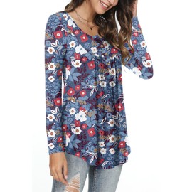 POPYOUNG Women's Henley Shirts Button up Tunic Tops Casual Long Sleeve Blouse with Legging 3XL,Floral Mix Blue
