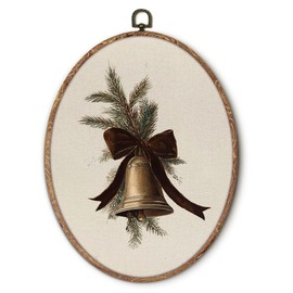 Hxlac Vintage Christmas Bell Oval Wall Art Framed, Neutral Christmas Bell Pine Bow Oval Wall Decor, Cottagecore Winter Holiday Hanging Canvas Prints Sculptures for Home Decor, 8.5x11.5 Inch