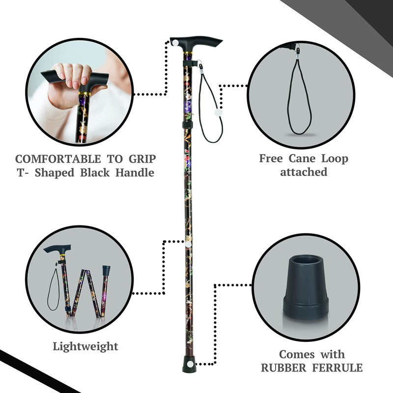 Amazing Health Pretty Flower Height Adjustable Folding Walking Sticks (White)