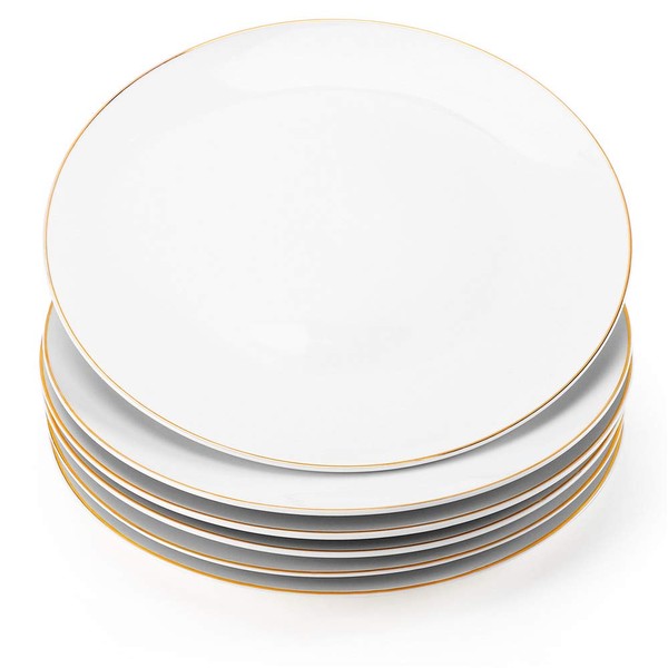 Gsain 8” Porcelain Coupe Appetizer Plates with Golden Rim, Ceramic Off-White Round Dessert Serving Plate for Bread,Dessert,Snack,Salad and Finger Food (Set of 6)