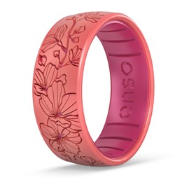 Enso Rings Etched Classic Silicone Rings - Comfortable and Flexible Design - Cherry Blossoms - Pink Diamond/Pink Tourmaline - Size 5