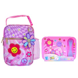 Hot Focus Groovy Flower Kids Lunch Set, Insulated Bag with Bento Box, Pink and Purple with Flower Design, Includes Keychain