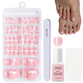 DMQ French Press on Nails for Toe, 120Pcs Square False Toenails Short, Nude Pink French Tip Fake Toe Nails, Full Cover Stick on Toenails with Glue for Women French Nail Art Manicure Decorations