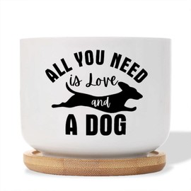 DecStic All You Need is Love and A Dog Planter Ceramic Bible Verse Round Plant Pots with Drainage Holes and Bamboo Tray Pot for Succulents Cactus Garden Windowsill