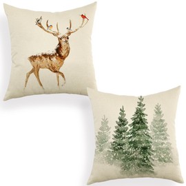 Ogiselestyle Christmas Tree Reindeer Throw Pillow Covers, 18 x 18 Inch Winter Holiday Xmas Cushion Case Decoration for Sofa Couch Set of 2