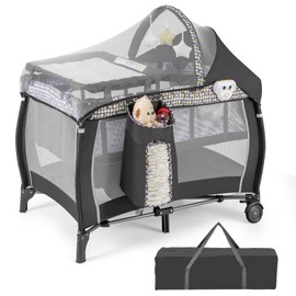 HONEY JOY Pack and Play, 4-in-1 Foldable Nursery Center with Full-Size Infant Bassinet & Diaper Changer, Portable Toddler Crib w/Mattress & Net, Music Box, Toys, Baby Playard w/Carry Bag, Gray