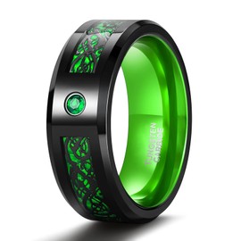TRUMIUM 8mm Tungsten Carbide Rings for Men Women Celtic Dragon Cubic Zirconia Green Promise Wedding Ring Comfort Fit Size 9