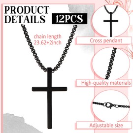Yinkin 12 Sets Fathers Day Church Gifts Bulk Black Cross Necklace with Drawstring Bags Cross Stainless Steel Necklace for Men Father's Day Church Christian Religious Gifts