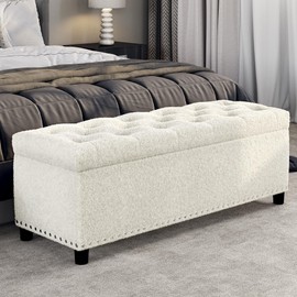 BELLEZE 47 Inch Storage Ottoman, Tufted Ottoman Polyester Storage Bench with Safety Close Hinge, Ottoman with Storage for Living Room, Entryway, Hallway, Foot Rest, Support 300lbs - White