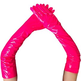 krautwear Women's Elbow Length Shiny Evening Gloves Patent and Leather Look Pink Red Black, pink