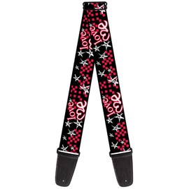 Buckle-Down Guitar Strap - Love Me w/Sketch Stars & Checkers Black/Fuchsia/White - 2" Wide - 29-54" Length